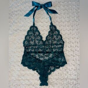 NWT Wedding Honeymoon Emerald Green Sheer Floral Lace Teddy Lingerie Sz L/XL